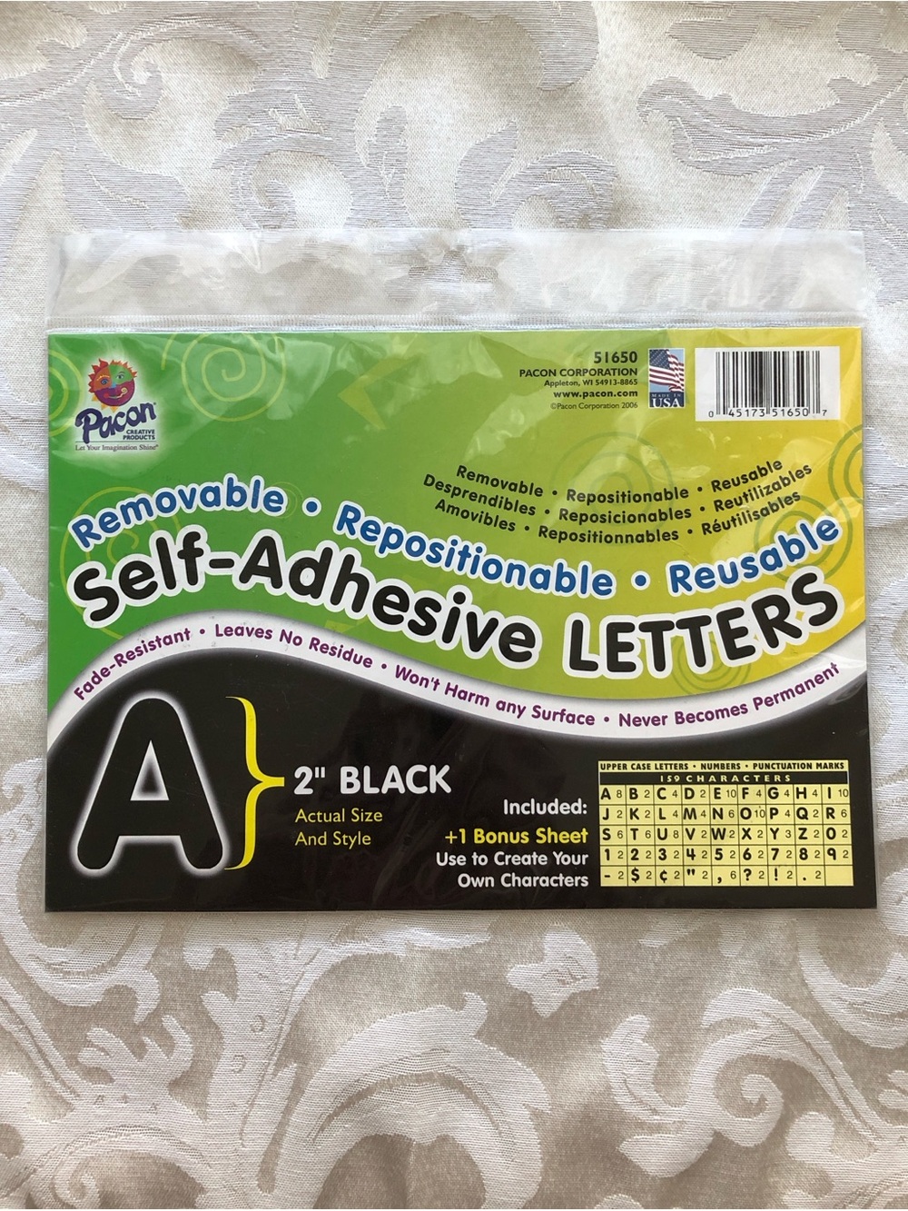 NWT Pacon Self-Adhesive Removable 2” Black Letters Set of 159